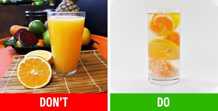 2. Nước ép hoa quả: Chúng ta thường cho rằng rằng nước cam  bạn khỏe mạnh hơn, nhưng nó thực sự có thể khiến bạn đói. Đó là bởi vì nó thiếu một phần quan trọng của trái cây khiến bạn trở nên no: chất xơ. Ngoài ra, loại nước giải khát này có thể làm tăng lượng đường trong máu của bạn, khiến bạn suy sụp và làm tăng cảm giác thèm ăn. Một ly nước lọc với các múi cam cho bạn sẽ là lựa chọn tốt hơn. Nguồn: Brightside.