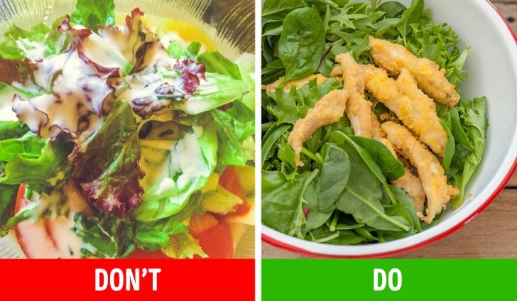 3. Salad với nước sốt: Ngay cả nước sốt trộn salad không có chất béo cũng có thể chứa muối và đường để giữ hương vị của chúng. Thói quen ăn salad khô và thêm một số protein như cá hoặc thịt nạc sẽ có ích hơn cho quá trình giảm cân của bạn. Nguồn: Brightside.