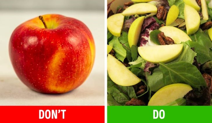 4. Táo: Trái cây luôn là một lựa chọn an toàn giúp bạn cảm thấy no, và táo có thể làm được điều đó. Tuy nhiên, việc chỉ ăn táo có thể gây ra sự gia  tăng đột biến lượng glucose được tiêu hóa nhanh chóng. Hãy thêm một loại protein khác, chẳng hạn như các loại hạt để thưởng thức một bữa ăn lành mạnh hơn. Nguồn: Brightside.