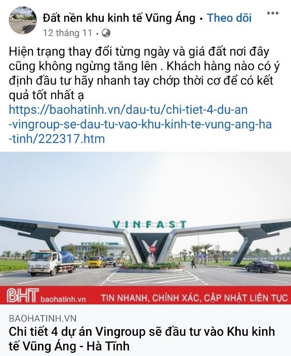 Một tài khoản Facebook chia sẻ thông tin báo chí đăng về dự án đầu tư của Tập đoàn Vingroup vào KKT Vũng Áng với lời status kích thích đầu tư vào bất động sản. Ảnh: TT.