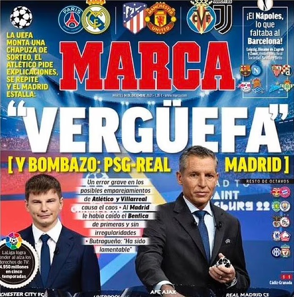 Ảnh bìa tờ Marca ra số 14.12, chỉ một đêm sau scandal bốc thăm của UEFA