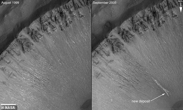Bằng chứng đầu tiên về nước trên sao Hỏa được NASA công bố năm 2006. Ảnh: NASA