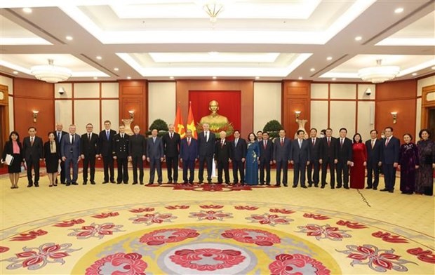 Tổng Bí thư Nguyễn Phú Trọng cùng các lãnh đạo Đảng, Nhà nước và các đại biểu tại buổi lễ. Ảnh: TTXVN