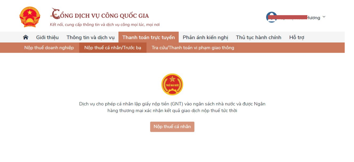 2. Cổng DVCQG - Nộp thuế cá nhân