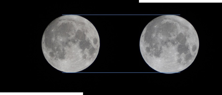 Hình ảnh ghép 2 Mặt trăng trong dịp siêu trăng tháng ngày 13 và 14.11.2016. Bên trái là khi Mặt trăng gần đường chân trời hơn và bên phải là Mặt trăng ở rất cao trên bầu trời. Ảnh: NASA