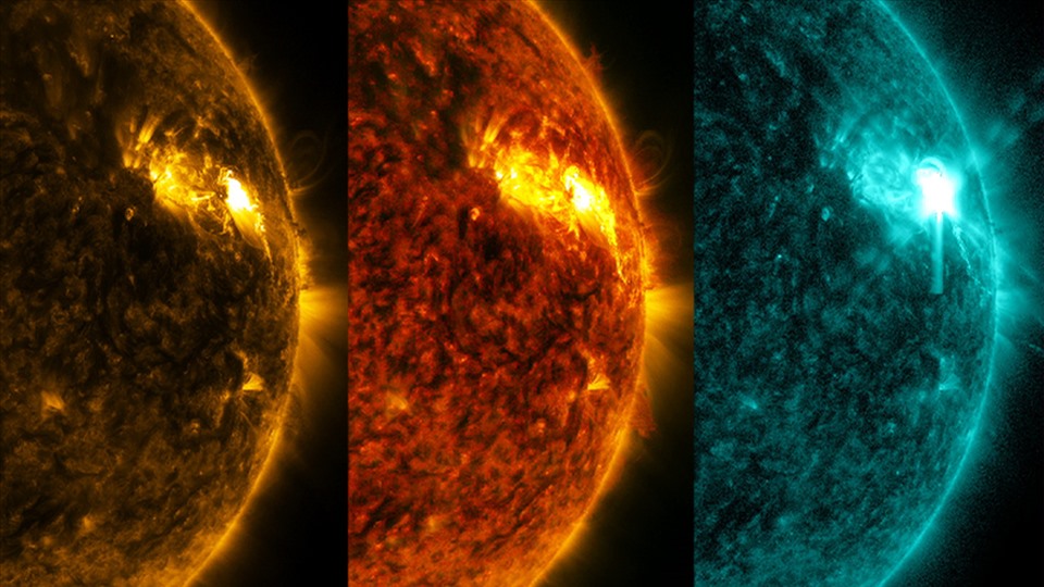 Tàu vũ trụ SDO của NASA quan sát tia sáng Mặt trời ở các bước sóng cực tím khác nhau, một loại ánh sáng mà mắt chúng ta thường không nhìn thấy được. Ảnh: NASA