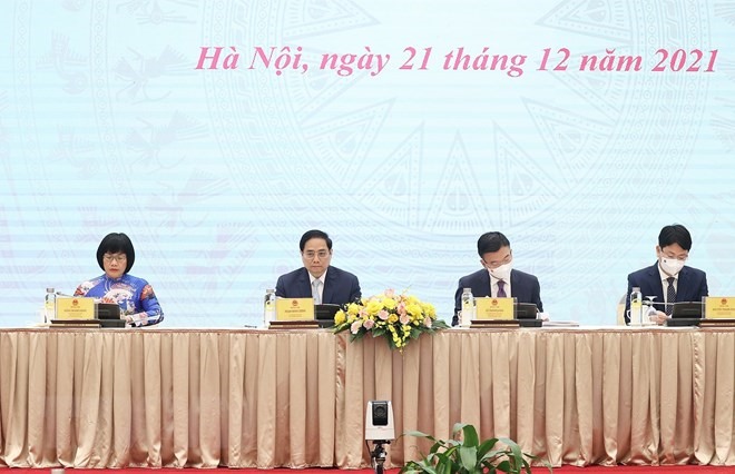 Thủ tướng Phạm Minh Chính và Bộ trưởng Bộ Tư pháp Lê Thành Long cùng các Thứ trưởng Bộ Tư pháp chủ trì hội nghị.