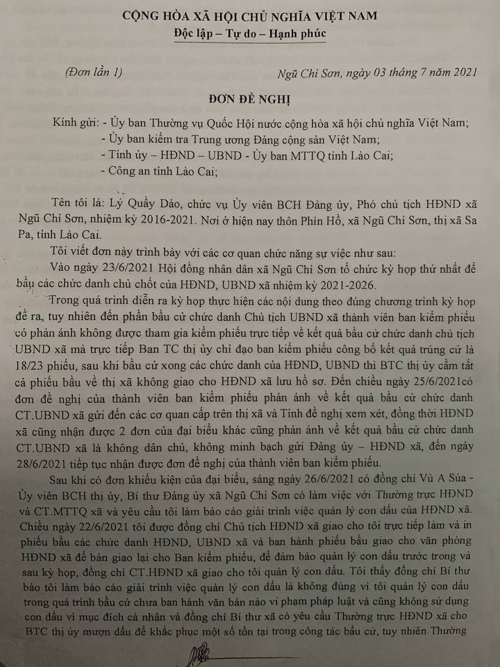 Trang 1 lá đơn của ông Lý Quẩy Dảo gửi các cơ quan chức năng.