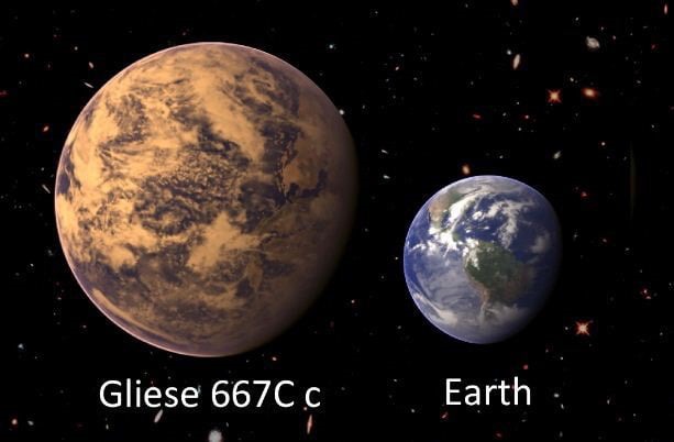 Comparison image between Gliese 667Cc and Earth. Screenshots