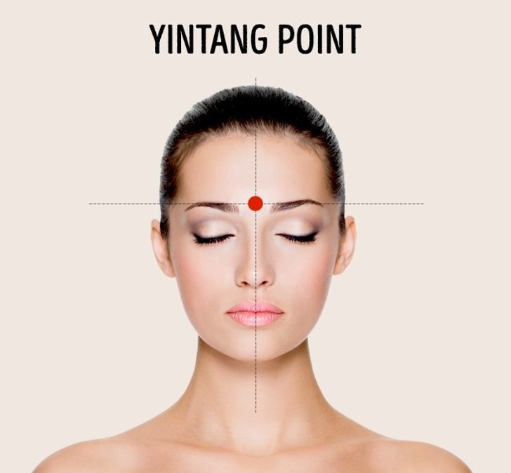 Điểm của con mắt thứ ba, hay Yintang, nằm giữa hai lông mày, nơi sống mũi đi vào trán. Điểm này cũng chịu trách nhiệm cho việc loại bỏ mệt mỏi cho mắt.