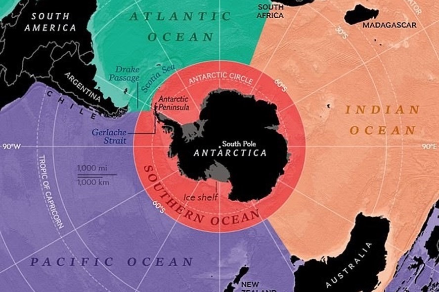 Nam Đại Dương (màu đỏ) bao quanh Nam Cực và tiếp giáp với Đại Tây Dương, Ấn Độ Dương và Thái Bình Dương. Ảnh: National Geographic