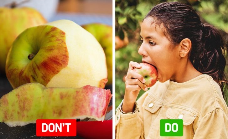 Đừng loại bỏ vỏ của các loại quả táo và cam. Vỏ táo có chứa chất chống oxy hóa, quercetin, có tác dụng cực tốt đối với tim và não bộ. Vỏ cam có các hợp chất gọi là flavon, giúp giảm cholesterol và bảo vệ tim mạch.