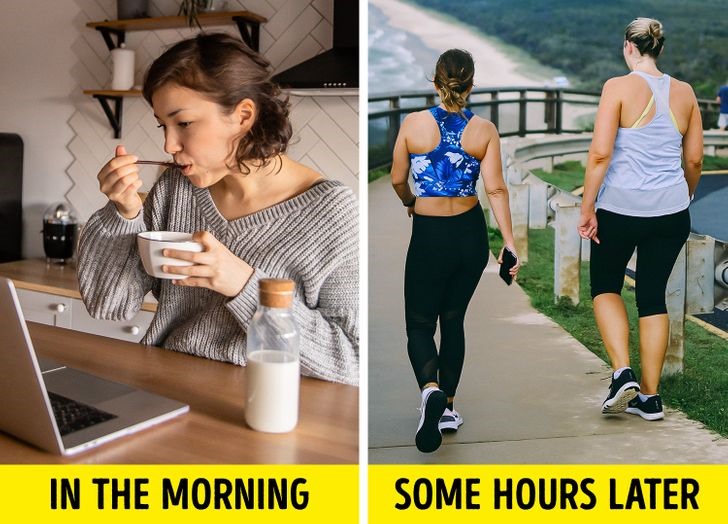 1. Đi bộ: 15 phút đi bộ trong giờ giải lao hoặc sau khi ăn là tất cả những gì cần thiết để quá trình tiêu hóa diễn ra nhanh chóng. Lý do là việc này giúp thức ăn di chuyển qua dạ dày nhanh hơn. Nhưng hãy đảm bảo rằng bạn chỉ đi dạo nhẹ nhàng, vì tập thể dục nặng sau bữa ăn có thể gây buồn nôn. Nguồn: Brightside.