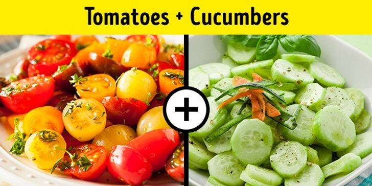 Cà chua và dưa chuột là sự kết hợp trong món salad của nhiều gia đình. Tuy nhiên, việc kết hợp 2 loại rau này có thể làm rối loạn các con đường sinh hóa trong cơ thể. Điều này có thể dẫn đến sưng tấy và các vitamin trong cả hai loại rau sẽ không được tiêu hóa đúng cách.