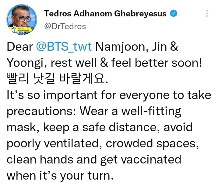 Tổng Giám đốc Tổ chức Y tế Thế giới gửi đến 3 thành viên BTS trên Twitter. Ảnh chụp màn hình
