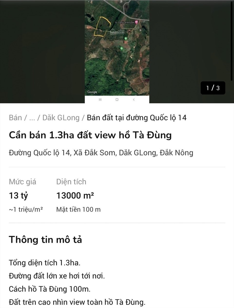 Một lô đất ở khu vực hồ Tà Đùng đang được người dân rao bán.