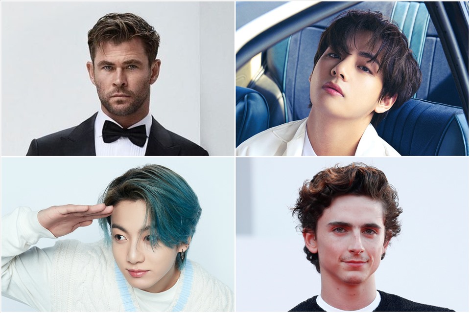 (Theo chiều kim đồng hồ từ trên cùng bên trái) Nam diễn viên Chris Hemsworth, ca sĩ V của BTS, nam diễn viên Timothee Chalamet và ca sĩ Jungkook của BTS. Ảnh: Reuters, Instagram