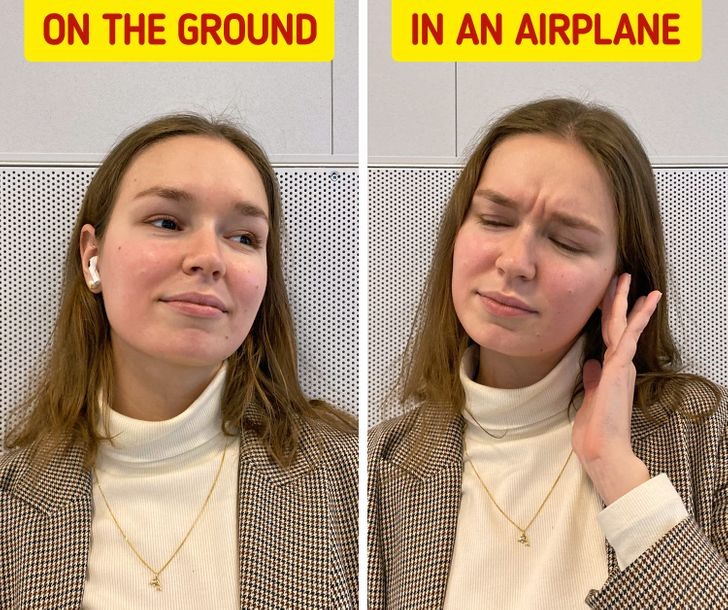 Ù tai. Ngoài chóng mặt, bạn sẽ cảm thấy bị ù tai. Đối với các chuyến bay dài, bạn còn có thể bị đau tai hoặc giảm thính lực. Nhai kẹp cao su có thể làm giảm các triệu chứng về tai khi đi máy bay.