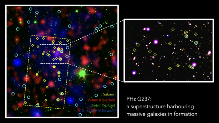 Ảnh:  ESA/Herschel and XMM-Newton; NASA/Spitzer; NAOJ/Subaru; Large Binocular Telescope; ESO/VISTA. Polletta, M. et al.; Koyama, Y. et al.