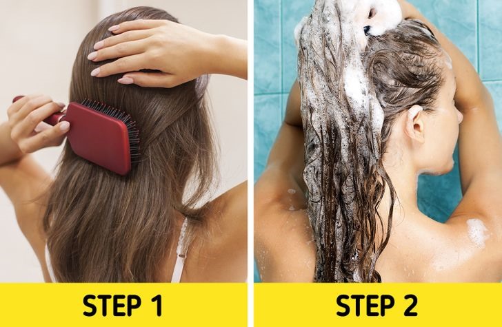 Chải tóc trước khi tắm gội có thể giúp tóc không bị rối. Nhẹ nhàng xoa bóp dầu gội lên da đầu và vò tóc ướt bằng khăn thay vì chà xát. Điều này có thể khiến tóc bạn tránh bị rối và rụng tóc trong khi gội.