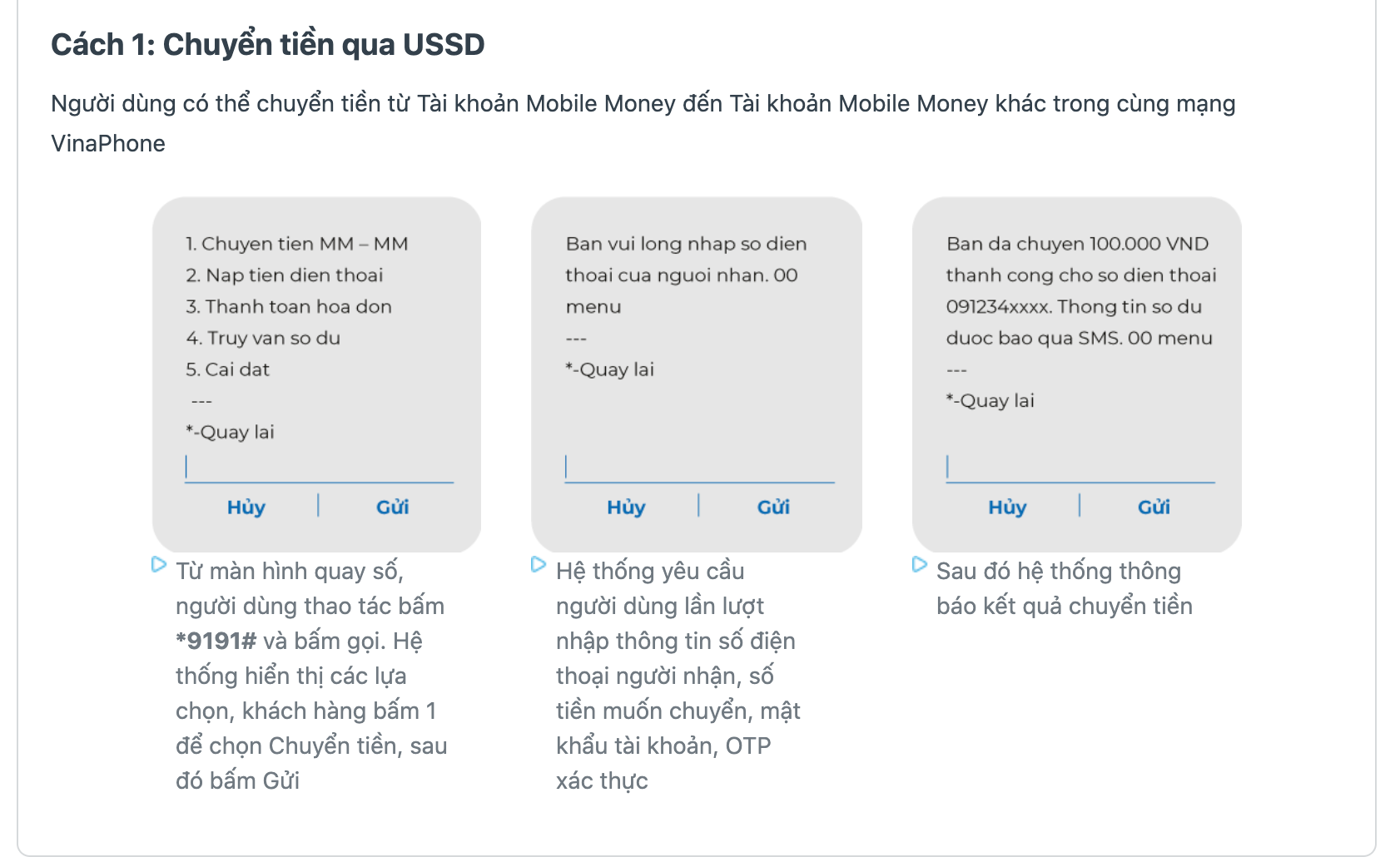 Cách chuyển tiền qua lệnh trên bàn phím của dịch Mobile Money do VNPT cung cấp. Ảnh: VNPT.
