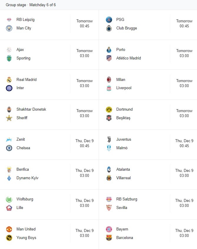 Lịch thi đấu lượt trận thứ 6 vòng bảng Champions League.