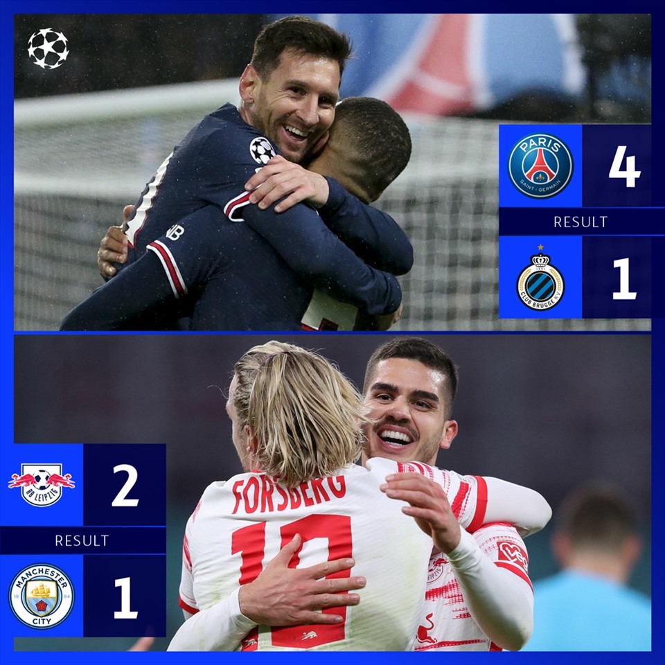 Kết quả 2 trận đấu ở lượt trận cuối cùng của bảng A. Messi và Mbappe giúp PSG thắng Club Brugge 4-1. Còn Man City thua RB Leipzig 1-2. Ảnh: UEFA