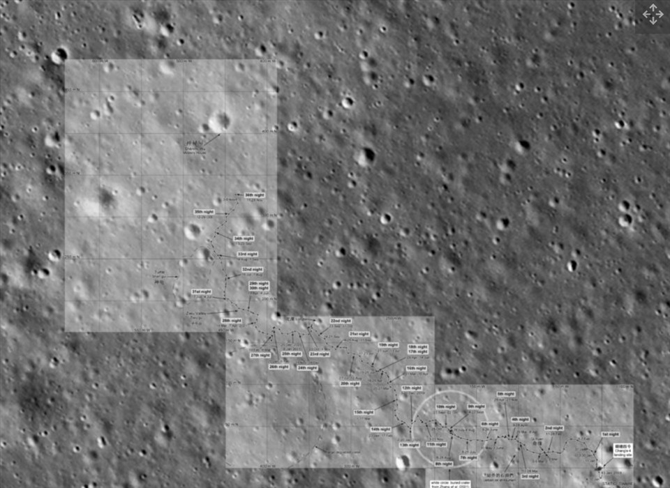 Bản đồ hiển thị vị trí mới nhất của tàu thám hiểm Mặt trăng Yutu-2 của Trung Quốc và tảng đá “ngôi nhà bí ẩn“. Ảnh: NASA/GSFC/Đại học Bang Arizona/Philip Stooke