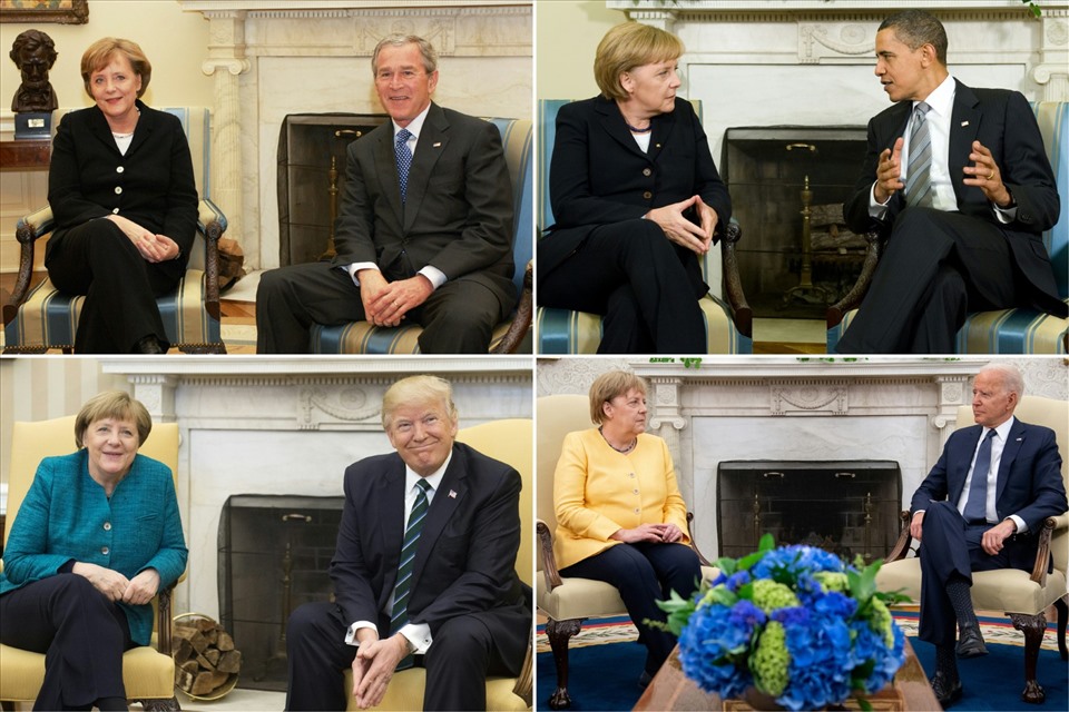 Bà Angela Merkel với ông George W. Bush năm 2006; với ông Barack Obama năm 2009, với ông Donald Trump năm 2017 và với Tổng thống Mỹ Joe Biden tại Phòng Bầu dục vào ngày 15.7.2021. Ảnh: AFP