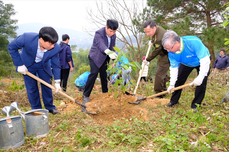 Lãnh đạo BIDV cùng lãnh đạo xã Khánh Thượng, lãnh đạo Vườn quốc gia Ba Vì thực hiện trồng những cây xanh đầu tiên