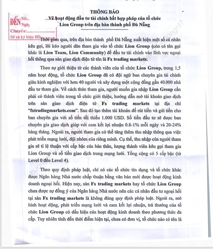 Thông báo của cơ quan chức năng TP Đà Nẵng về hoạt động bất hợp pháp của Lion Group (ảnh P.V)