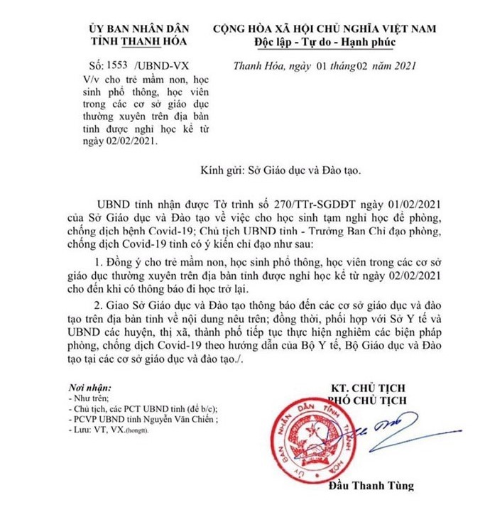 Công văn của UBND tỉnh Thanh Hóa về việc cho học sinh nghỉ học để phòng, chống dịch COVID-19. Ảnh: Q.D