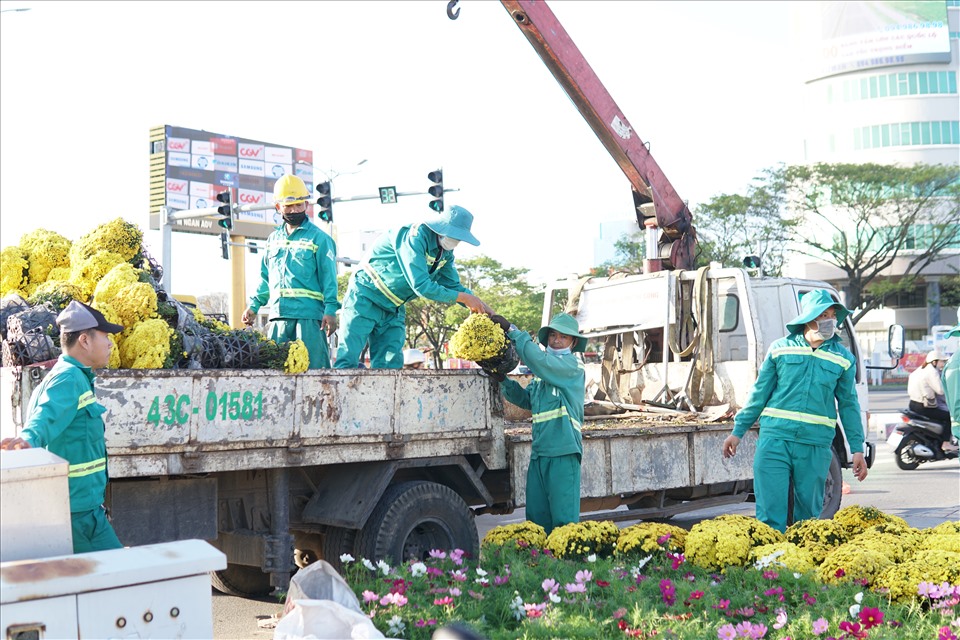 Công nhân của công ty Công viên cây xanh đang liên tục vận chuyển hoa để trang hoàng đường phố Ảnh: LH