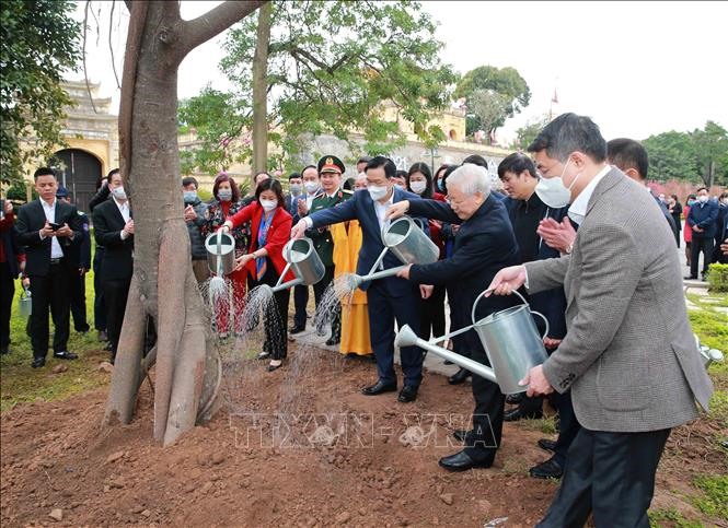Tổng Bí thư, Chủ tịch Nước Nguyễn Phú Trọng trồng cây lưu niệm tại Khu Di tích Hoàng Thành Thăng Long. Ảnh: TTXVN