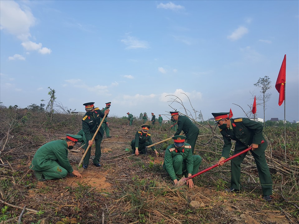 Cán bộ, chiến sĩ Bộ Chỉ huy Quân sự tỉnh Quảng Trị hưởng ứng trồng cây gây rừng. Ảnh: Xuân Diện.