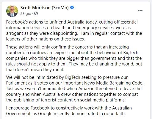 Bài đăng trên Facebook của Thủ tướng Australia Scott Morrison hôm 19.2. Ảnh: Facebook