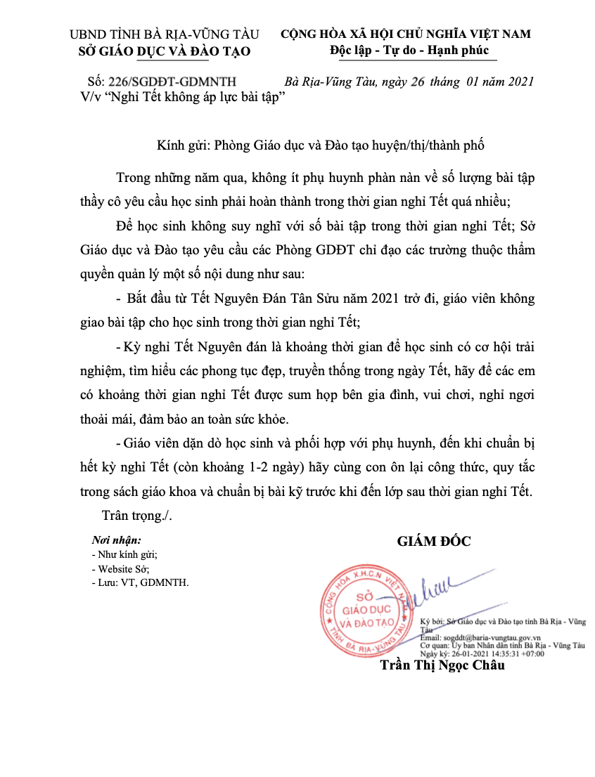 Văn bản của Sở GD-ĐT Bà Rịa- Vũng Tàu yêu cầu không giao bài tập cho học sinh dịp nghỉ Tết