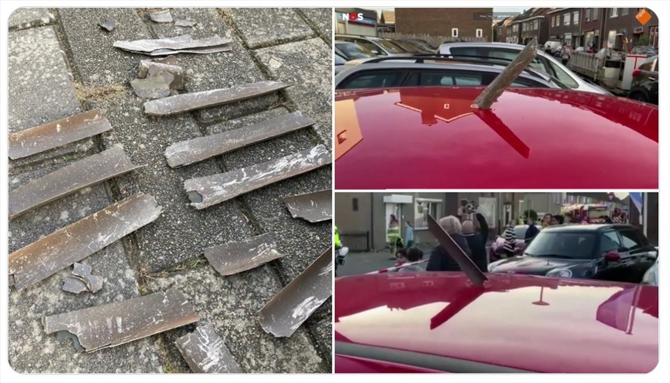Hình ảnh ghi lại mảnh vỡ động cơ máy bay rơi rải rác dưới mặt đất, gây hư hỏng ô tô, tại thị trấn Meerssen, Hà Lan. Ảnh: Local media