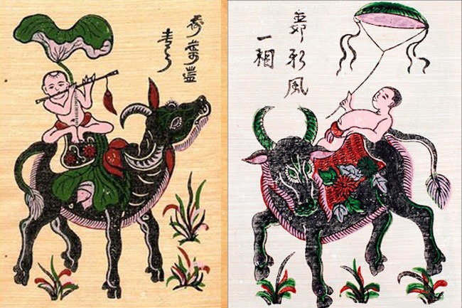 Tranh “Mục đồng thổi sáng” (trái) và tranh “Chăn trâu thả diều” là hai bức tiêu biểu với hình tượng trâu trong tranh Đông Hồ.