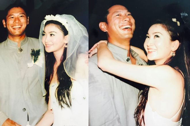 Năm 2000, nữ diễn viên kết hôn cùng là doanh nhân giàu có Hà Tổ Quang. Dù bị gia đình nhiều lần phản đối vì khác biệt về xuất thân song ông xã vẫn yêu thương và quyết tâm bảo vệ Ôn Bích Hà. Ảnh: Weibo.