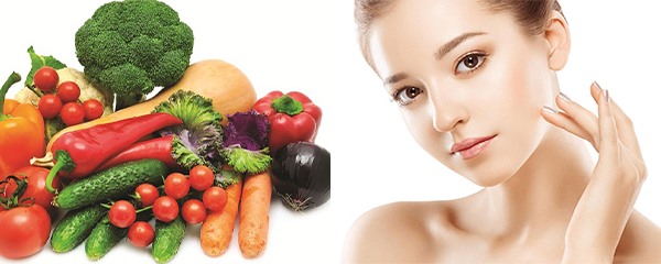 Rau xanh và trái cây sẽ bổ sung nhiều vitamin C cho da mặt luôn đẹp. Đồ hoạ: Phương Linh.
