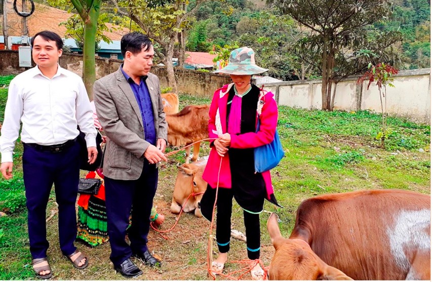 Ông Lê Đình Tuyên - Phó Giám đốc Sở Nội vụ trao tặng bò giống cho hộ nghèo tại xã  Huổi Só, huyện Tủa Chùa.