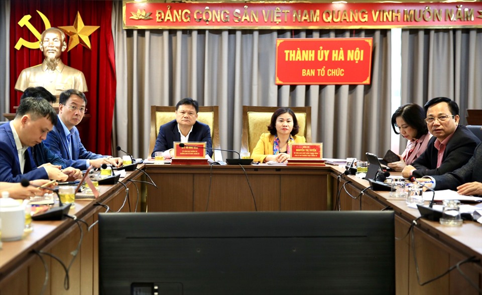 Quang cảnh hội nghị tại điểm cầu Thành ủy Hà Nội.