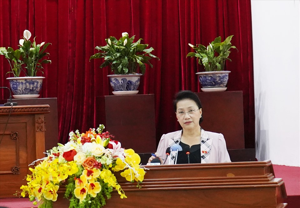 Chủ tịch Quốc hội Nguyễn Thị Kim Ngân phát biểu tại hội nghị. Ảnh: TR.L.