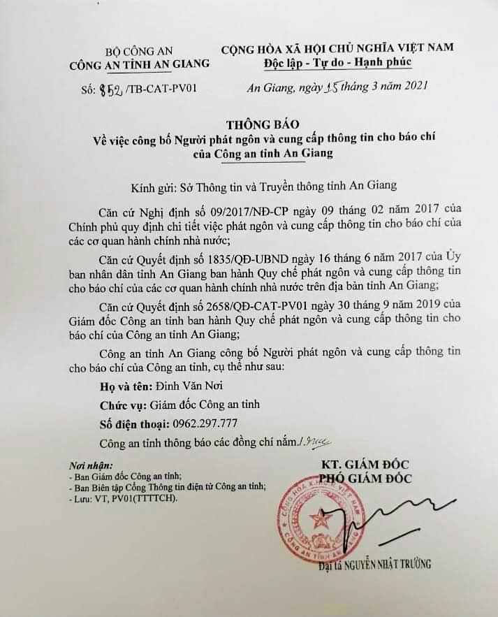 Thông báo công bố đại tá Đinh Văn Nơi là người phát ngôn, cung cấp thông tin báo chí của Công an tỉnh An Giang. Ảnh: LT