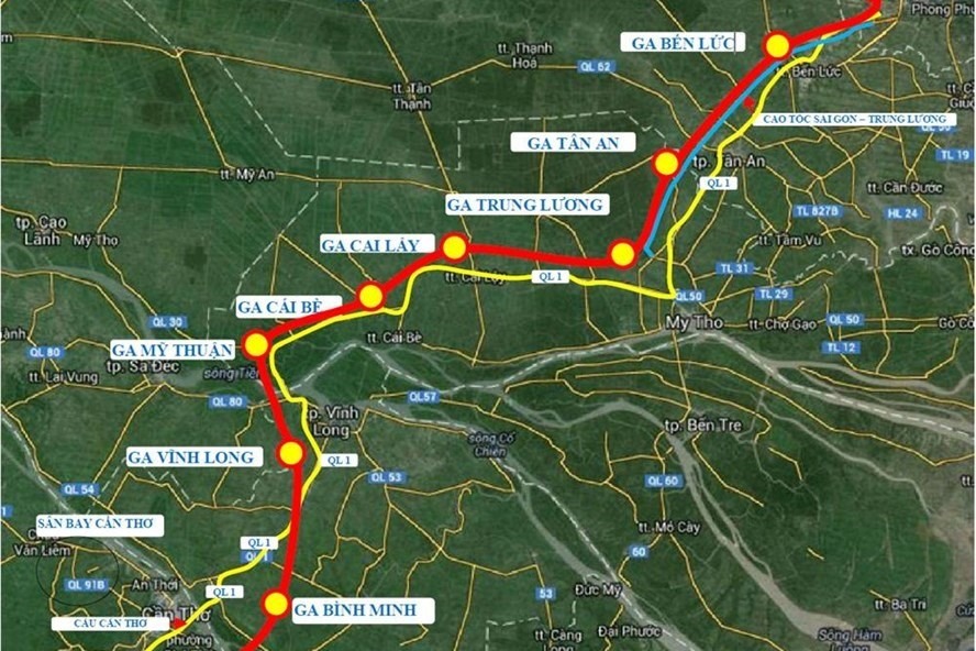Sơ đồ hướng tuyến đường sắt cao tốc TPHCM - Cần Thơ (màu đỏ) dài trên 173 km. Ảnh: Ảnh: Viện Khoa học công nghệ Phương Nam