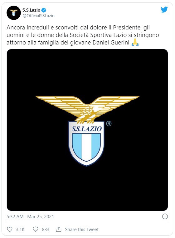 Câu lạc bộ Lazio thông báo trên Twitter về cái chết của tiền vệ Guerini.