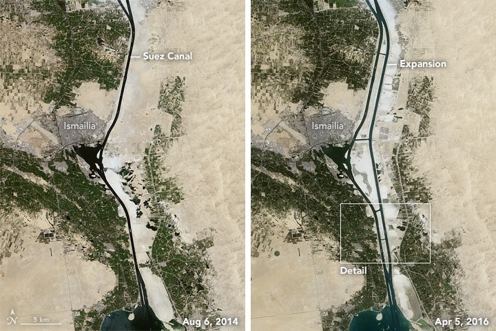 Kênh đào Suez, trước và sau khi mở rộng. Ảnh: NASA.