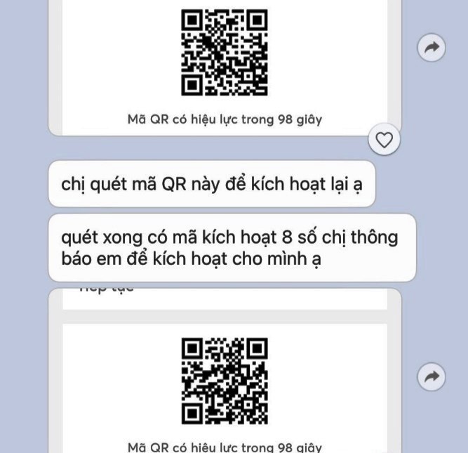 Tin nhắn hướng dẫn quét mã QR mà đối tượng gửi cho chị H qua Zalo. Ảnh: NT