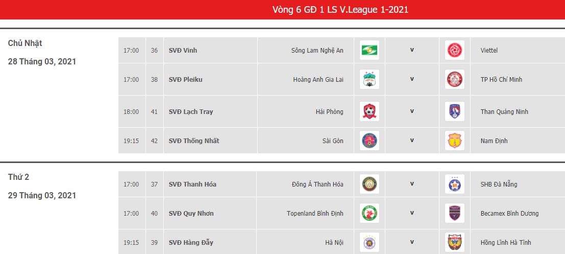 Lịch thi đấu vòng 6 và bảng xếp hạng V.League 2021.